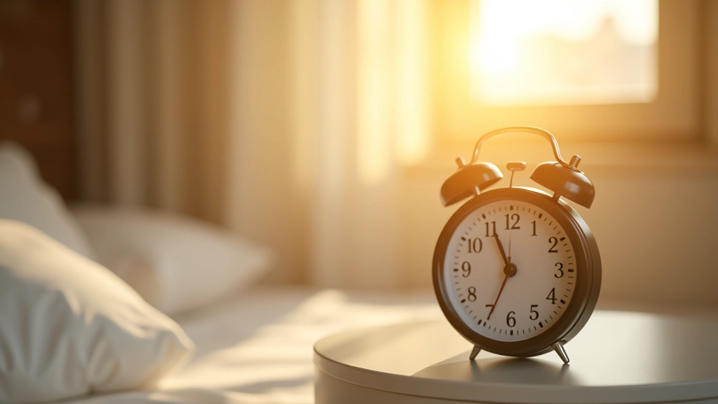 Relógio de despertador numa mesa de cabeceira com luz solar a entrar pela janela