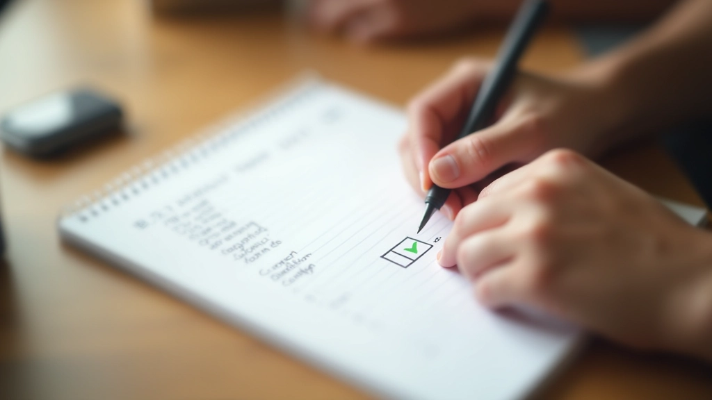 Primeira pessoa escrevendo numa lista de tarefas com caneta, marcando uma tarefa como completa com um checkmark