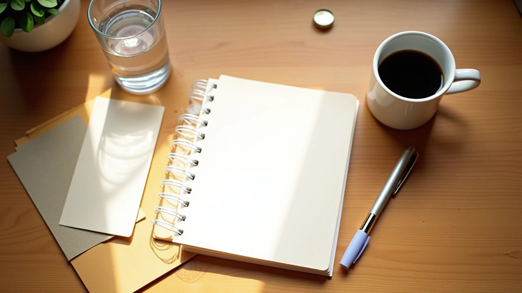 Secretária matinal organizada com caderno, caneta, copo de água, luz natural suave