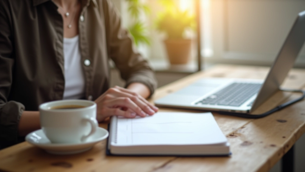 Pessoa a planear o dia com notebook e planeador numa mesa de trabalho organizada