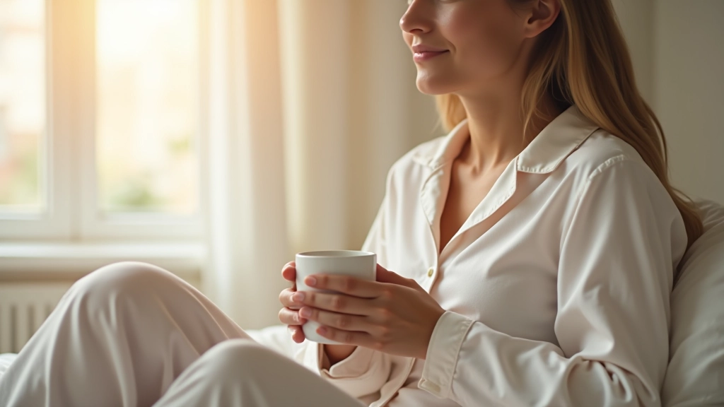 Mulher de pijama a sentar-se na cama com café e a olhar pela janela, luz solar natural