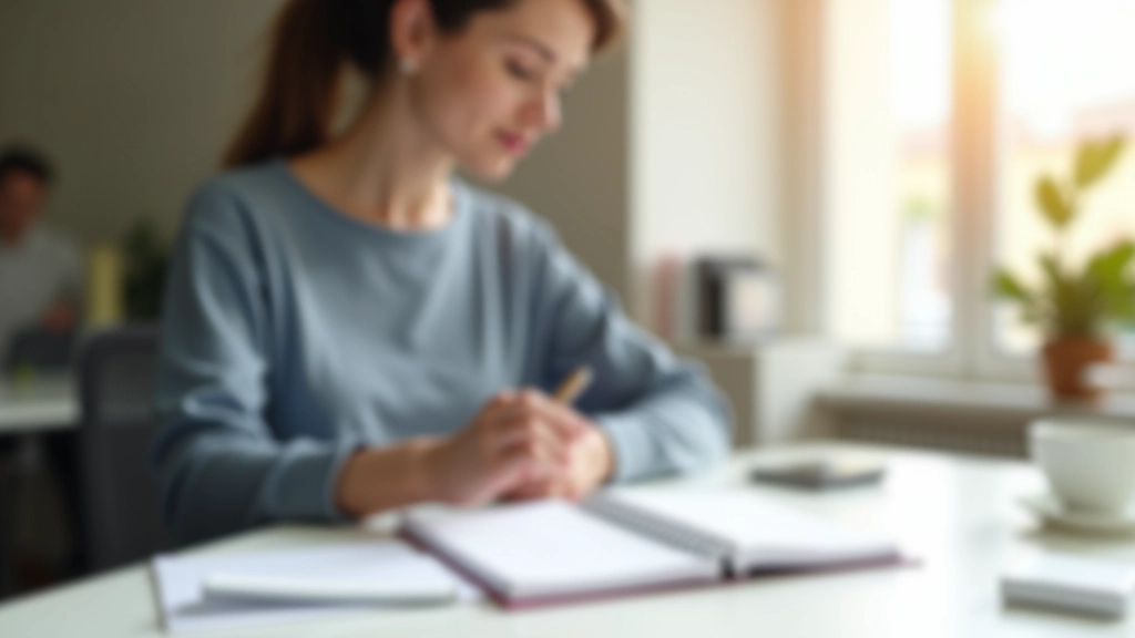 Profissional trabalhando em escritório moderno com notebook e agenda de planeamento
