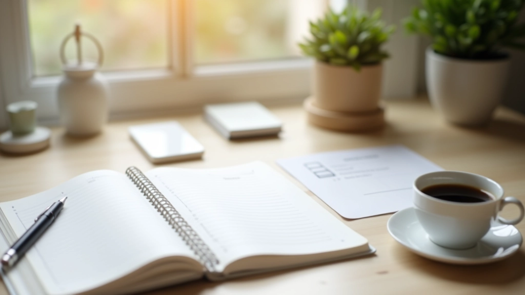 Mesa de trabalho com planeamento visível, caneta e anotações de tarefas prioritárias